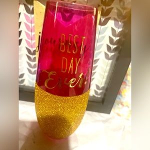 Hallmark Stemless Champagne Flute Glass Best Day Ever! Pink Gold Celebration